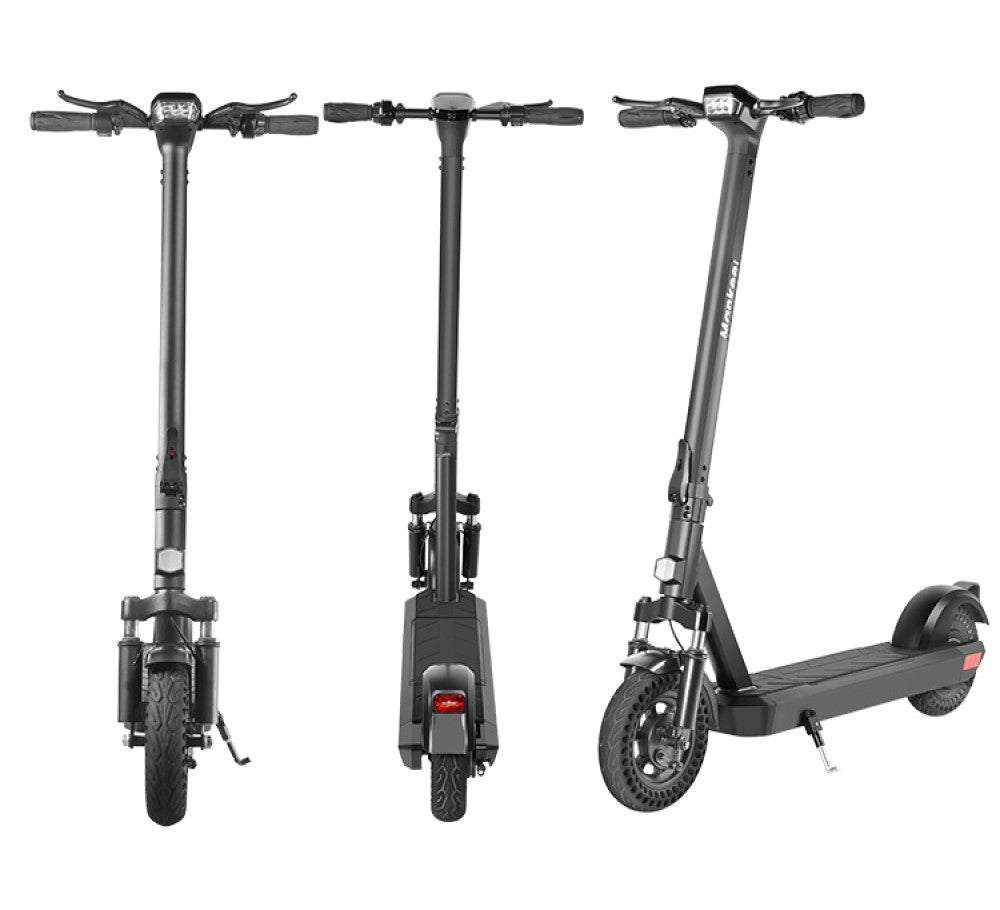 Black electric scooter displaying different angles front and back view