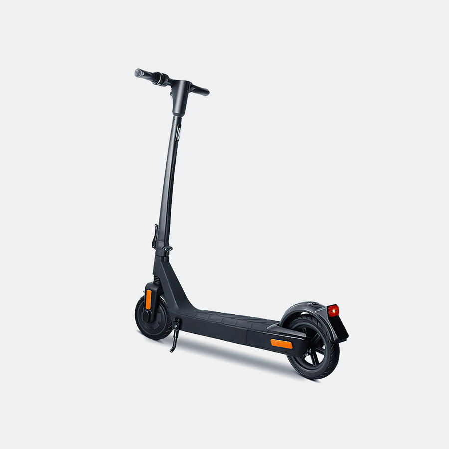 black electric scooter with parking stand back view