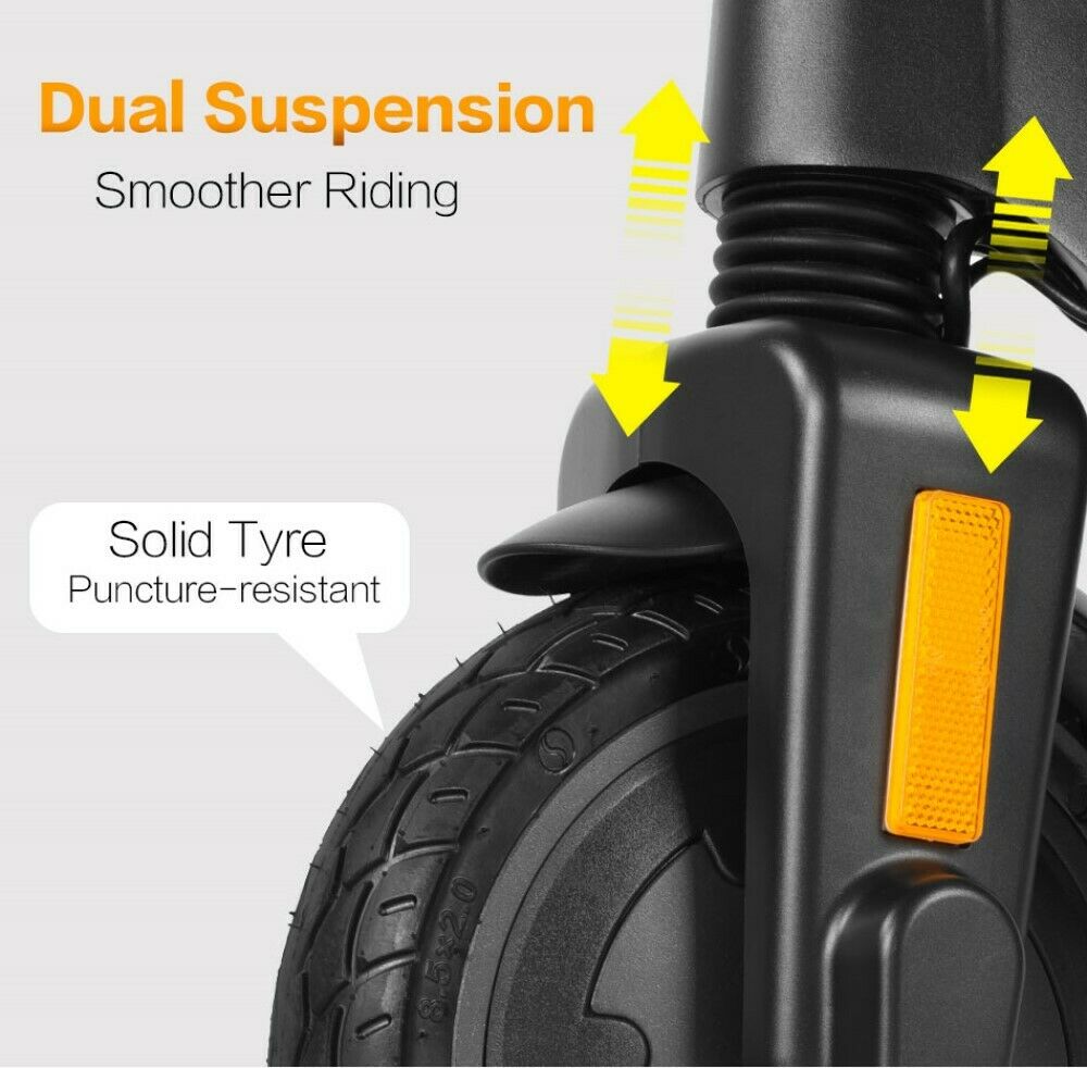 electric scooter with duel suspension and puncture resistant tyre