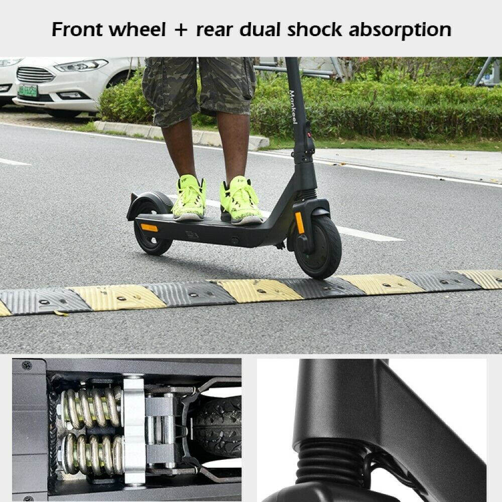electric scooter with front and rear wheel shock absorption system