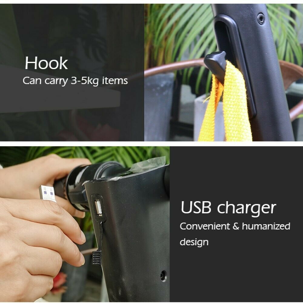 electric scooter with usb phone charger port and s bag hanging hook